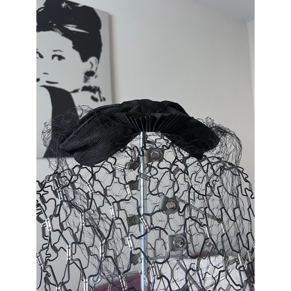 Vintage Corde by Yaeger Black Ribbed Pillbox Hat with Veil 1950s New York Design